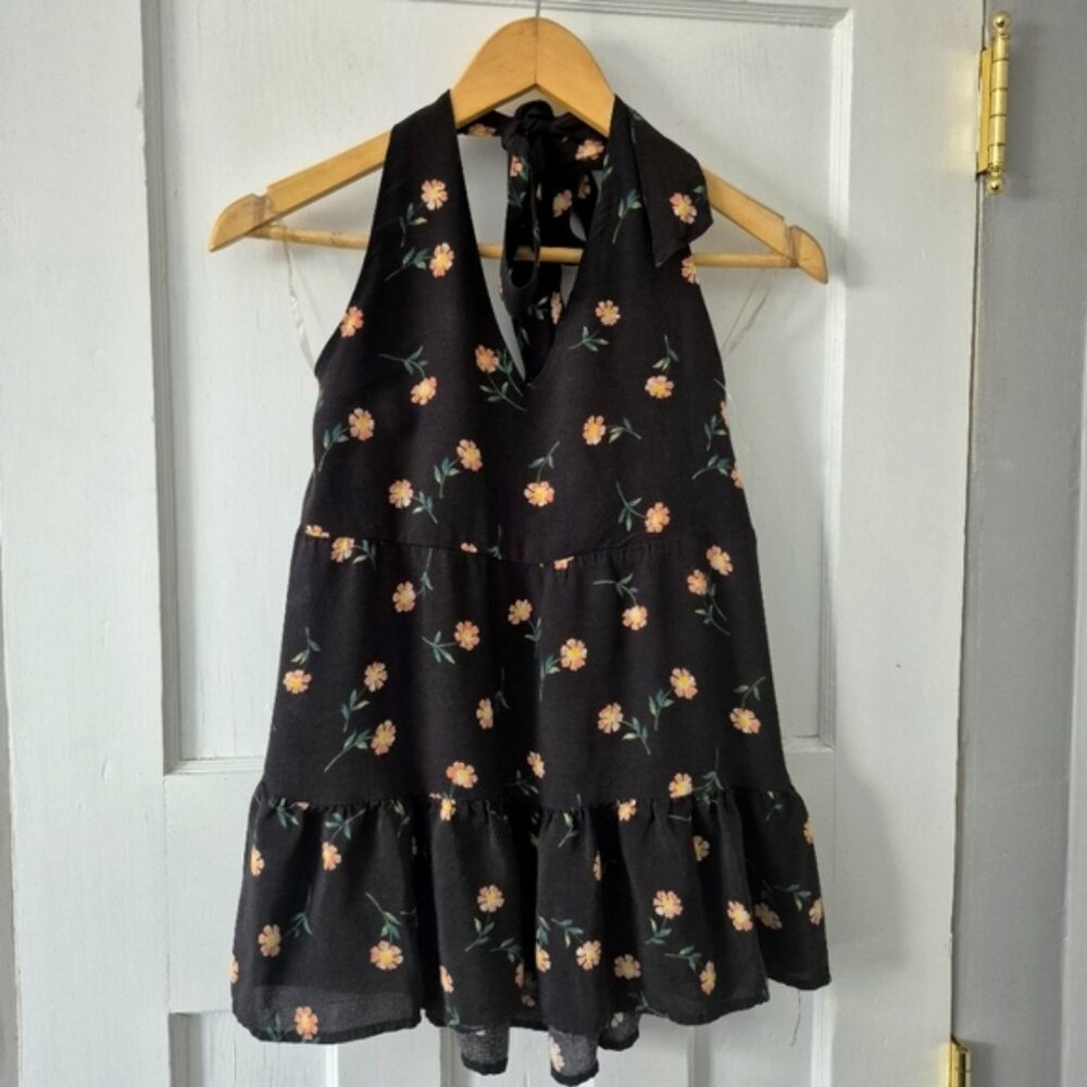 American Eagle Floral Deep V Neck Halter Top  Black Sz S